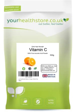 yourhealthstore Vitamin C Powder 500g, Extra High Strength Ascorbic Acid – 100% Pure British Pharmaceutical Grade – Non-GMO, Vegan, Gluten Free.