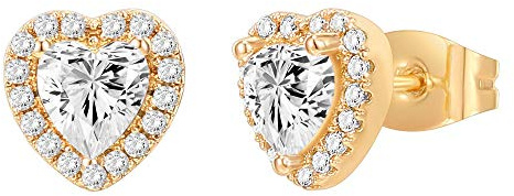 PAVOI 14K Gold Plated 925 Sterling Silver Post Brilliant Round Faux Diamond Heart Earrings - Premium Cubic Zirconia in Yellow Gold - Valentines Day Trendy Jewelry