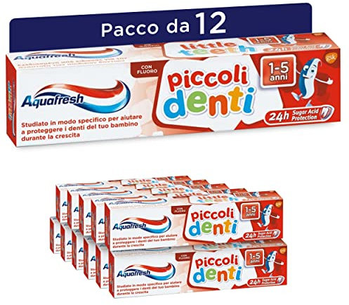 Aquafresh Piccoli Denti, Dentifricio per Bambini da 1 a 5 anni, Aiuta a pulire delicatamente e proteggere lo Smalto, Pacco da 12 x 50ml