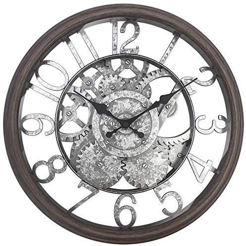 Presentime & Co 12 Farmhouse Gear Clock, Silent no Ticking, Indoor/Outdoor Clock, Weatherproof, Grey Oak and Galvanized Finish. Wall Décor/Outdoor Décor for Living Room, Kitchen, Garden, and Patio.