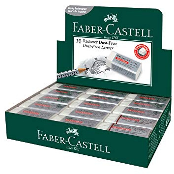 Faber-Castell Staubfreier weißer Radiergummi (Box mit 30 Stück) – weiches Radieren, Komfortkante, latexfrei, ideal zum Löschen von schwarzen Bleien für Schule, Büro und Zuhause