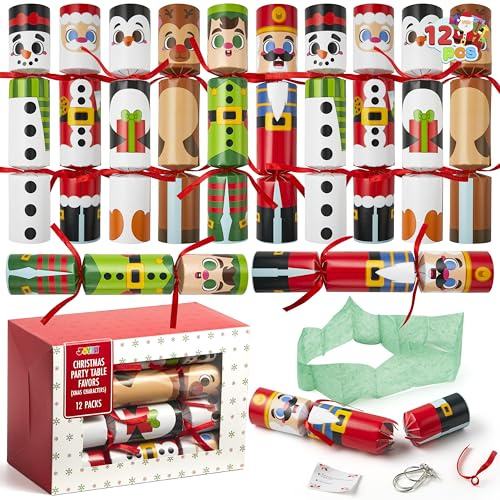 JOYIN 12 Stück Knallbonbons Weihnachten(25,4 cm) Weihnachts-Cartoonfiguren, ohne Druckknopf, mit Partyhut, Witz und kleinem Geschenk im Inneren, für Weihnachten, saisonale Feiertage, Abendessen