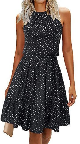 Newshows Sommerkleid Damen Knielang Elegant Kleid Neckholder Sommer Ärmellos Freizeitkleider mit Taschen(Polka Dot-schwarz, XL)