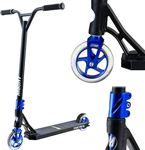 Mach1 Trottinette Stunt - Direction à 360° - Roues de 120 mm avec noyau en aluminium et roulements à billes ABEC 9 - Trottinette amusante pour enfants à partir de 6 ans (noir/bleu avec roues