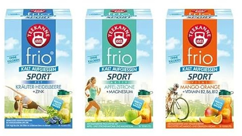 Teekanne frio Sport Dreierpack, Apfel-Zitrone - Mango-Orange - Kräuter-Heidelbeere (3 x 45 g)