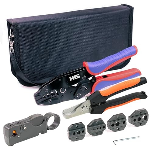 HKS Kit de herramientas de prensado de trinquete coaxial para cable RG coaxial conector RF con 5 troqueles intercambiables, pelacables coaxiales rotatorios y pelacantes/cortador