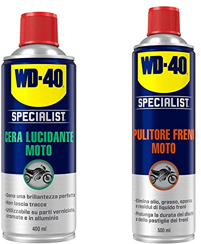 WD-40 Specialist Cera Lucidante Moto Spray, Contiene Cera Carnauba per una Finitura Perfetta ed Ultra Brillante, 400 ml & Specialist Moto Pulitore Freni Moto Spray 500 ml