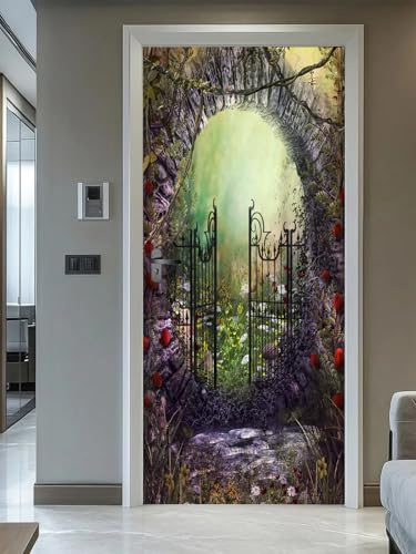 artfanke 3D Peel and Stick Door Stickers 30.3x78.7- Self-Adhesive Door Murals Wallpaper -Magical Forest Old Gate Wall Poster for Bedroom Home Decor (2 Sheets/Set)