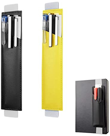 2 Pezzi Pelle Portapenne, Portapenne con Fascia Elastica, Portapenna per Agenda, Penna Custodia in Pu Pelle con Fascia Elastica, Astuccio per Penna per Chi Ama Prendere Appunti, Regolabile,Nero giallo
