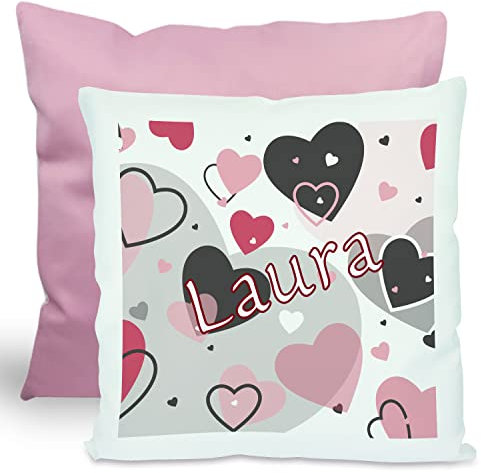 CreaDesign, Kinder Kissen 40x40 cm personalisiert mit Namen, Kinderzimmer Deko Kissen Kinder mit Füllung Federn, Motiv Herz rosa grau, Rückenfarbe Rosa