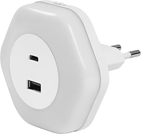 LEDVANCE Luz nocturna enchufable LUNETTA HEXAGON, blanca, 5W, 5lm, sensor de luz blanco cálido, puerto USB-A y USB-C, tecnología LED, funcionalidad de carga, larga duración, IP20, 3000K