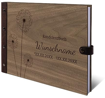 Kartenmachen.de Personalisiertes Kondolenzbuch echtes Holz DIN A4 Gästebuch mit Lasergravur - Pusteblume - mit 72 Blatt / 144 Seiten Naturpapier Weiß
