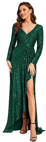 Ever-Pretty Ballkleid Damen Lange Pailletten Abendkleid V-Ausschnitt Seitenschlitz Bodycon Cocktail für Hochzeit Festliche Weihnachtskleid Dunkelgrün 38