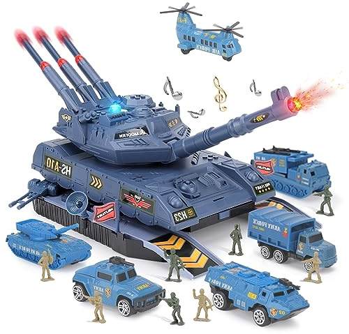 Tanque de Juguete Militar con 6 Vehículos Militares, Juguetes de Tanque con Sonido y Luz, Lanzador de Misiles, Vehículo Tanque, Regalo para Niños de 3 4 5 6 7 8 Años (Azul)