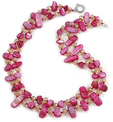 Avalaya Collana a due fili con pepita di conchiglie fucsia e perline di cristallo di vetro beige, lunghezza 50 cm