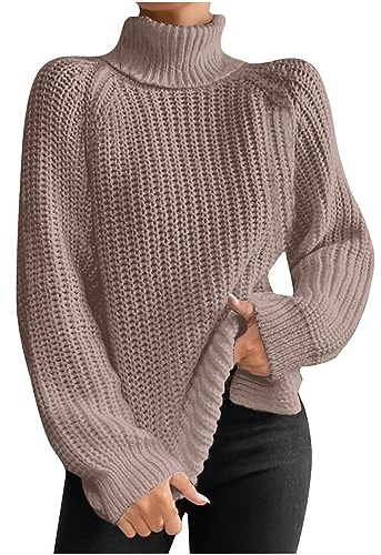 Amazon Outlet Overstock Deals Women's Turtleneck Sweaters Slouchy Knit Chunky Sweater Fall Winter Fashion Cable Weaving Long Sleeve Pullover Ladies Cardigan Sweaters Khaki XL