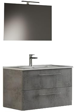 Mama Store IRIS 80 - Mobile Bagno Sospeso IN KIT DA MONTARE 80 CM CEMENTO CHIARO con Lavabo, Specchio e Lampada LED, L.81 X P.47 X H.53 cm
