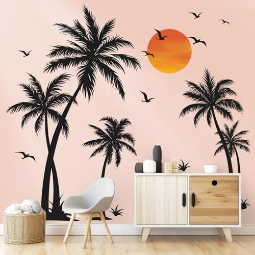 wondever Stickers Muraux Palmier Noir Arbre Grand Autocollants Muraux Mural Stickers Arbre Plantes Tropicales Oiseaux pour Chambre Salon Mur TV (H: 135cm)