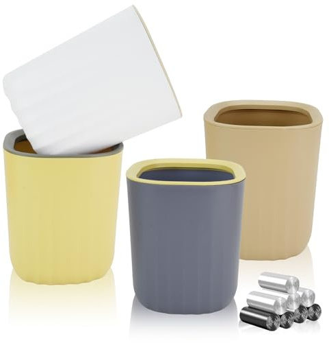 4PCS Mini Desktop Trash Bin, Colourful Wastebasket Bathroom Bins with 8 Rolls Bin Liners, Small Plastic Tea Bag Trash Can 12.5*12.5*15cm, Office Desk Compact Design Cosmetic Bin (Dark Color)