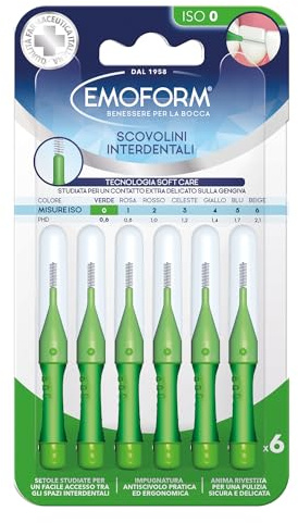 Scovolino Interdentale Emoform Verde 6 Pz. con Tecnologia SoftCare per un Contatto Extra Delicato sulle Gengive grazie alle Setole Morbide - Impugnatura Antiscivolo con Cappuccio per l'igiene Orale