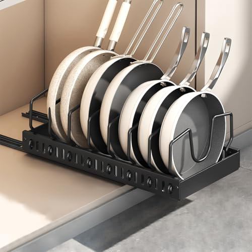 JORETLE Pfannen Organizer Schublade,Topfdeckelhalter Für Schublade Mit 10 Verstellbare Schotten,Ausziehbarer Schrank Organizer,Topfdeckel Organizer,Pfannenhalter für Küche,Schwarz