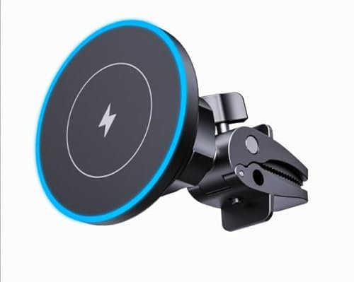 Wireless Car Charger, AGPTEK Mag-safe Car Phone Holder, Car Mount Wireless Charger Magnetic for iPhone 15/14/13/12 Series, Fast Charging for Air Vent & Dashboard, Blue LED Light