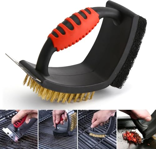 Norhogo 3 in 1 bbq cleaning brush with Handle, bbq brush | BBQ Grill Cleaning Brush, Steel Scraper Scouring Pad Copper Wire Brush for Gas and Charcoal Grill Grate