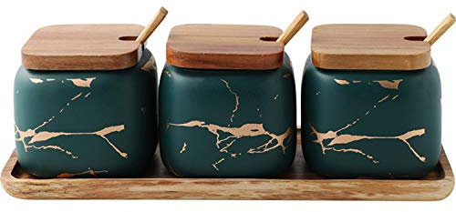 Juego de recipientes de cerámica para especias con etiqueta y tapa de bambú, cuchara, botes de azúcar blanco, salero y pimentero, bandeja de utensilios de cocina, kit de 3 tarros de especias para el