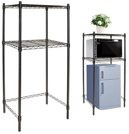 Podoy Mini Fridge Shelf，Over Mini Fridge Storage and Microwave Stand, Multi-Purpose Mini Fridge Organizer Shelf for Dorms, Kitchens, and Offices（Black without wheels）