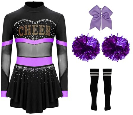 Miutii 4er Set Mädchen Cheer Leader Kostüm Cheerleading Uniform Langarm Kleid mit Pompoms Socken Haarband Halloween Karneval Faschingskostüm