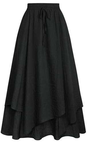 Scarlett DARKNESS kvinnor renässans kjol dragsko hög midja dubbelskikt blommig maxikjol med fickor, Svart, M