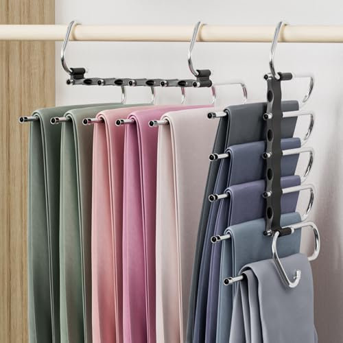 DAMITA Grucce Pantaloni Salvaspazio Appendiabiti Porta Pantaloni 2 Pezzo 5 in 1 per Armadio Appendini Nero Portatili Multifunzionali Adatto per Donne e Uomini Jeans Sciarpe Vestiti Portapantaloni