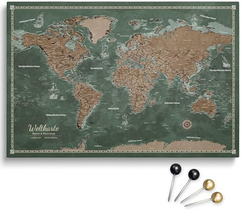 Personalisierbare Leinwand aus Weltkarte Motiv mit Rückwand-Pinnwand, perfekt für Reisende und als Wanddekoration, Dekorative Leinwandbilder, inkl. 100 Pins (Design 2, 70x50cm)
