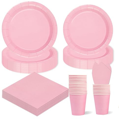 96 Stück Geburtstag Party Partygeschirr,Rosa Partyset Pappteller Becher Servietten Partyteller Set,für Valentinstag Kinder Party Dekoration Feste und Feiern wie Geburtstag