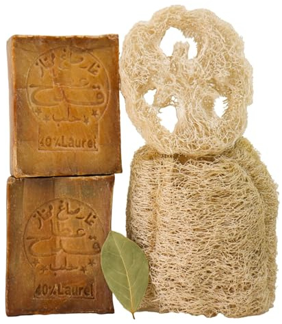 Kanaan Aleppo Seife Original 2 * 200g mit Luffa – 40 Lorbeeröl & 60 Olivenöl Naturseife, Männer Haarseife & Duschseife, Antibakterielle Grüne Seife, Biologisch Abbaubare Bio Olivenseife