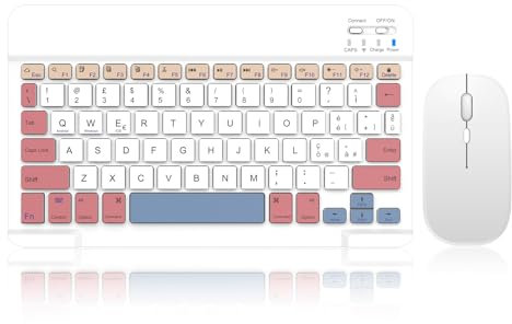 SOPPY Tastiera e Mouse Bluetooth Portatili, Mini Tastiera Ricaricabile, Tastiera Wireless per iPad/Samsung Tab/Lenovo Tab/iOS/Android/Windows, Layout Italiano (Bianco e Rosa)