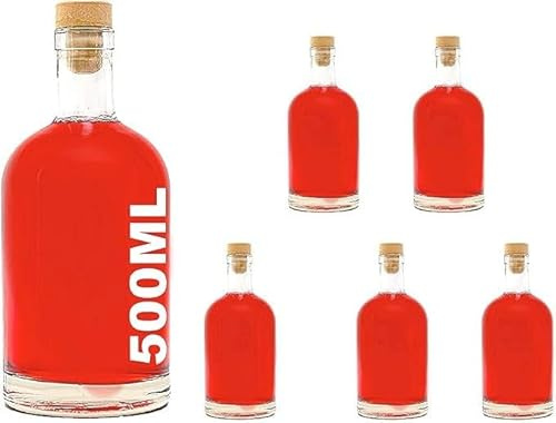 Buyglass Set di 5 Bottiglie di Vetro con Tappo in Sughero, 500 ml, Rosso, Design Moderno per liquore