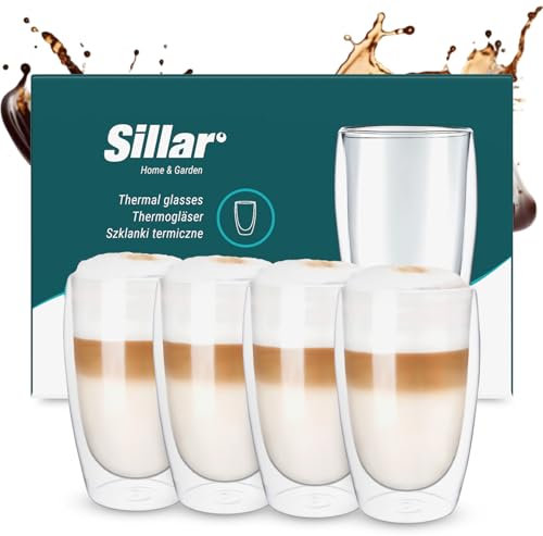 Sillar Vasos de Café Doble Pared 4 Piezas 450ml, Transparente Tazas de Café Resistentes al Calor