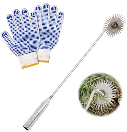 Ogräsplockare verktyg slitstark med handske, 4 tänder ogräsupptagare, ogräsuppdragare verktyg med långt handtag, solros grampas ogräs för grönsaksodling (stil A-40 cm)