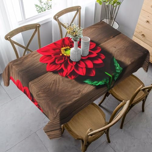 VPPUR Holzbrett, Retro-Blume, rotes Dahlien-Druck, Picknick, 89 x 140 cm, rechteckige Tischdecke, wasserdicht, für Party, Hochzeit, Weihnachtsdekoration