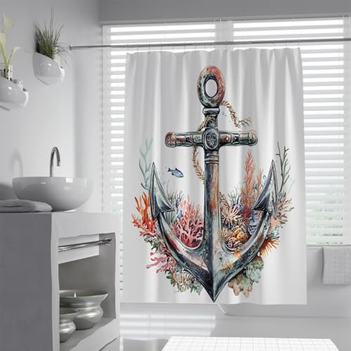 SHUODAOCO Nautische Thema Jungen Duschvorhänge Vintage Koralle Marine Leben wasserdichte Polyester Badezimmer Accessoires für Küste Strand Wohnkultur 120Bx200Lcm
