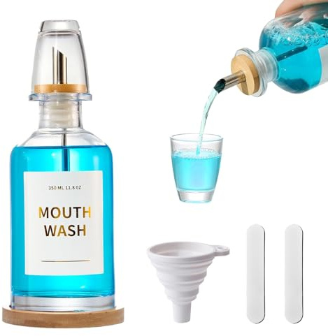 ZhouZGlass 12OZ/350ML Mouthwash Dispenser, Glass Mouthwash Decanter for Bathroom with Stainless Steel & Bamboo Nozzle, Reusable Mouthwash Cup, Bamboo Tray and Sticker