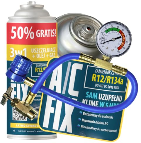 A/C FIX Remplacement du gaz Refrigerant 3en1 R134a 1x235 g pour Climatisation manometre clim, Climatiseur - Flexible climatisation - Recharge climatisation Voiture - Gaz R134a - ECO