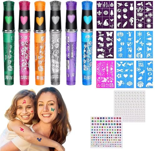 Face Paint Sticks | 6-Color Water-Based Face & Body Painting Makeup Crayons With 9 Stencils - Safe For Sensitive Skin, Washable Paint Marker Sticks For Baseball Sports