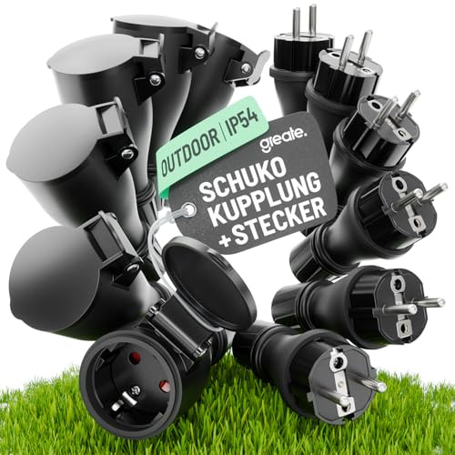 greate Set 6x spina tedesca maschio + presa femmina impermeabile IP54 | spine schuko e presa 16A femmina 230V con protezione piega & scarico trazione - spina shuko 2 poli & 3,7kW