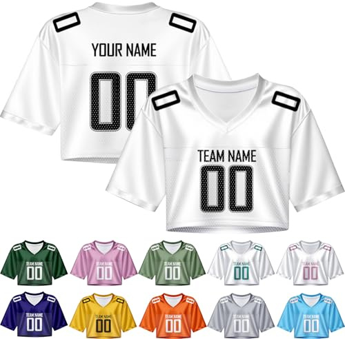 Custom Football Jersey Crop Tops for Women Personalised Name Number Jersey Shirt V Neck Hip hop Streetwear for Girls XS~XL, Style1, White