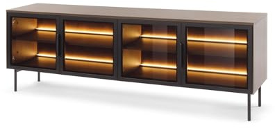 FURNLUX Lumi Sideboard, Dark Oak & Black, Laminated Chipboard with Antisol Glass, 181 x 39 x 62 cm, 4 Glass Doors, Living Room Furniture