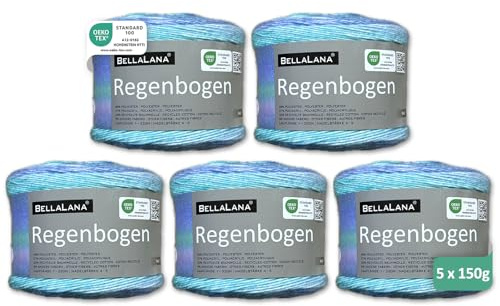 BellaLana Wolle Regenbogen - Farbverlaufs-Garn zum Stricken & Häkeln - 48% Polyester, 27% Polyacryl, 20% Recycelte Baumwolle - Lauflänge 330m/150g, Nadelstärke 4-5, 5 x 150g - Türkis-Flieder