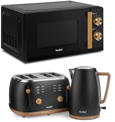 VonShef Microwave Kettle Toaster Set – Scandi Kitchen Set, 1.7L Nordic Rapid Boil Kettle, Wide Slot Toaster 4 Slice with 6 Browning Controls, and 20L Microwave with 6 Power Levels – Fika Range, Black