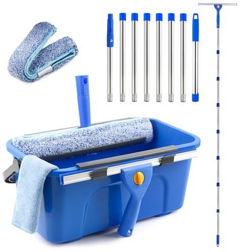 PIMEKOY 3m Professional Window Cleaning Kit with 12L Bucket for Outdoor | Window Squeegee & Scrubber, Long Handle Window Cleaning Equipment, High Window Washing Kit, Cleaner Tool for Home, Commercial